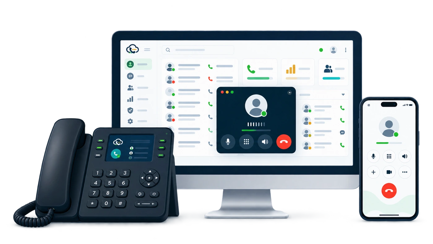 Ecosistema VozIP: teléfono IP, monitor con panel de llamadas y smartphone