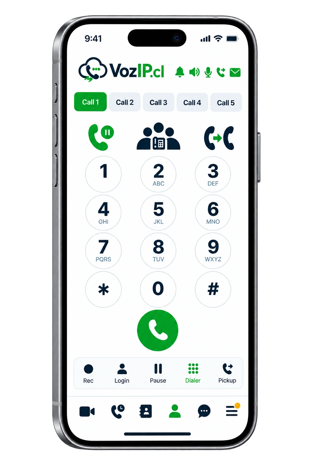Softphone VozIP.cl en un smartphone: teclado de marcación, cinco llamadas y controles de grabación, pausa y pickup