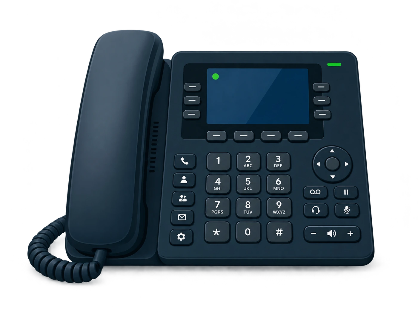 Teléfono IP de escritorio con pantalla, teclas programables y teclado numérico