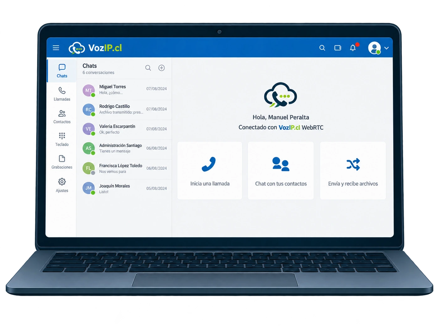 WebRTC VozIP.cl en un laptop: chats, llamadas, contactos, teclado, grabaciones y envío de archivos